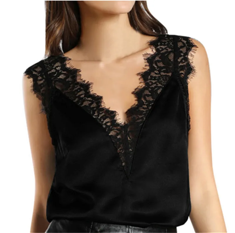 

Sexy Women Lace Silk Satin Plain Tank Tops Sleeveless Strappy V Neck Vest Tank Tops