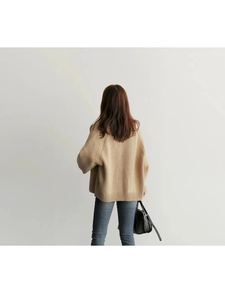 Повседневный свитер с открытой строчкой, однотонная трикотажная одежда, женский кардиган, Женский корейский свободный свитер, Женское пальто 6341 95