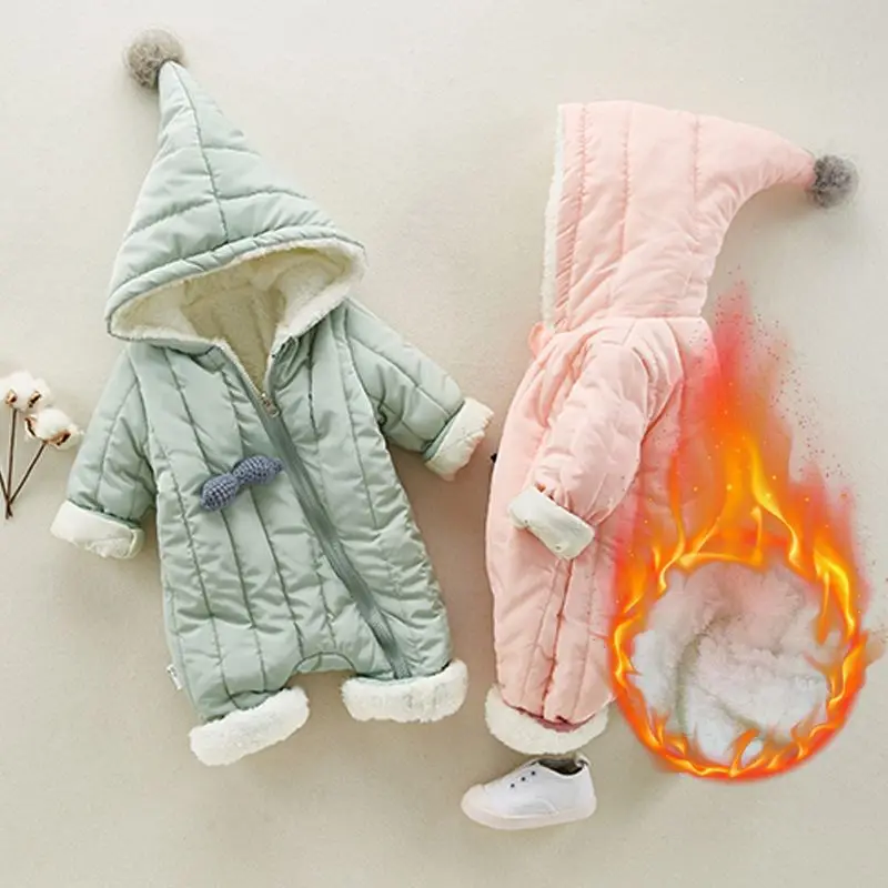 

newborn winter jacket rompers plus velvet baby boys bodysuit kids hooded outerwear coat for baby girls snowsuit jumpsuit clj493