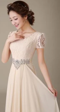 Champagne Sweet Memory Red Blue Champagne Green Lace Short Sleeve Floor Length Chiffon Bridesmaid Dresses C4522 - Color: Champagne