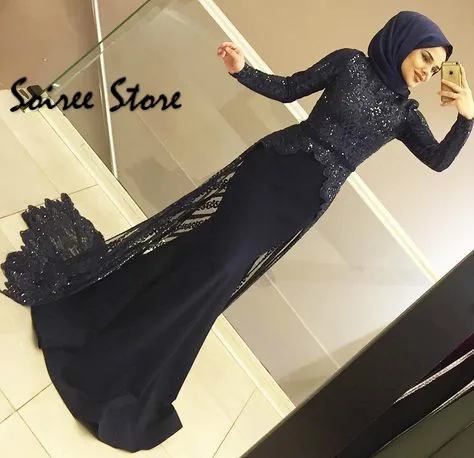 

Vintage Navy Blue Islamic Muslim Evening Dress Tight Mermaid Prom Dresses With Overskirts Elegant Long Sleeves Formal Gown 2020