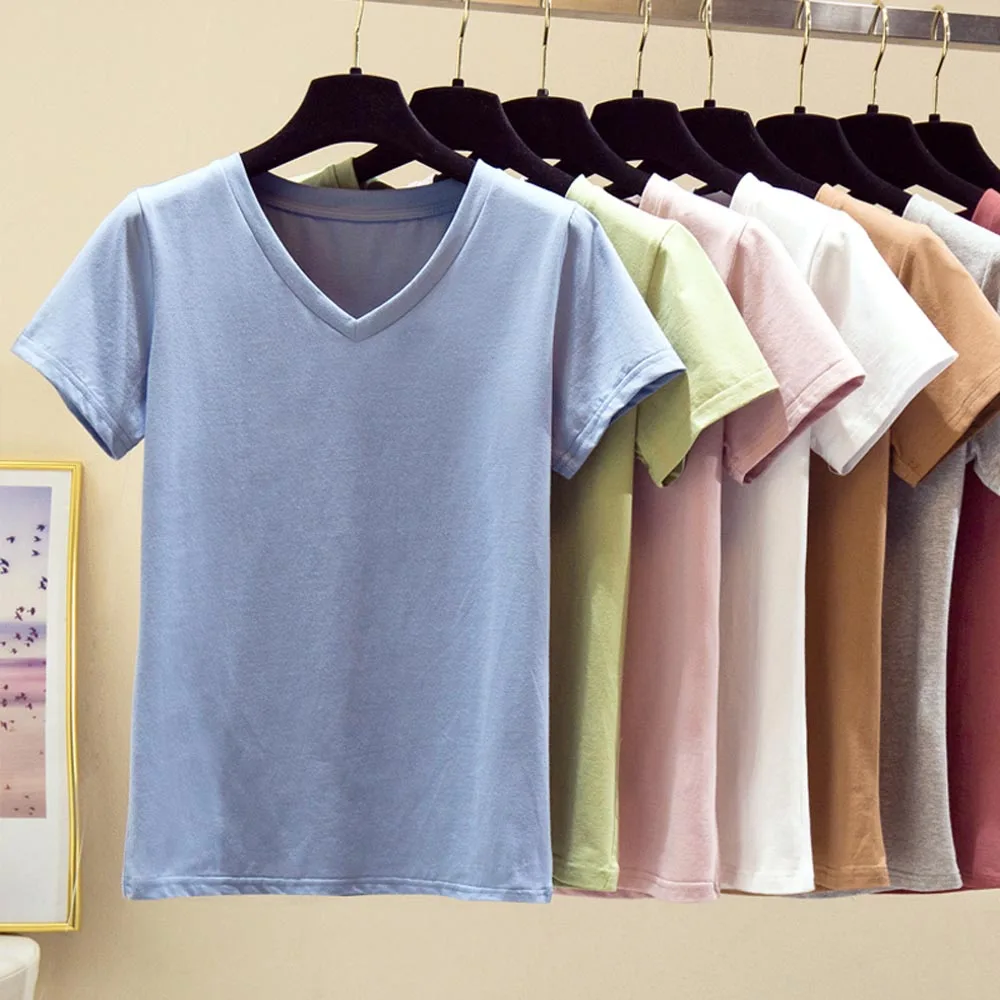 

Tops 2020 Summer Basic Plain Solid T-Shirt Women Cotton Simple OverSize Short Sleeve V-neck Tee Casual Kpop Female Clothes Loose