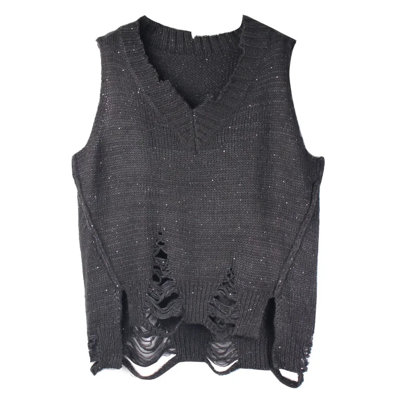 Fashion Tide New Fashion Trend V-neck Hole Sequined Knit Vest All Mtach Loose Women Pullovers Solid Color Leisure AI999