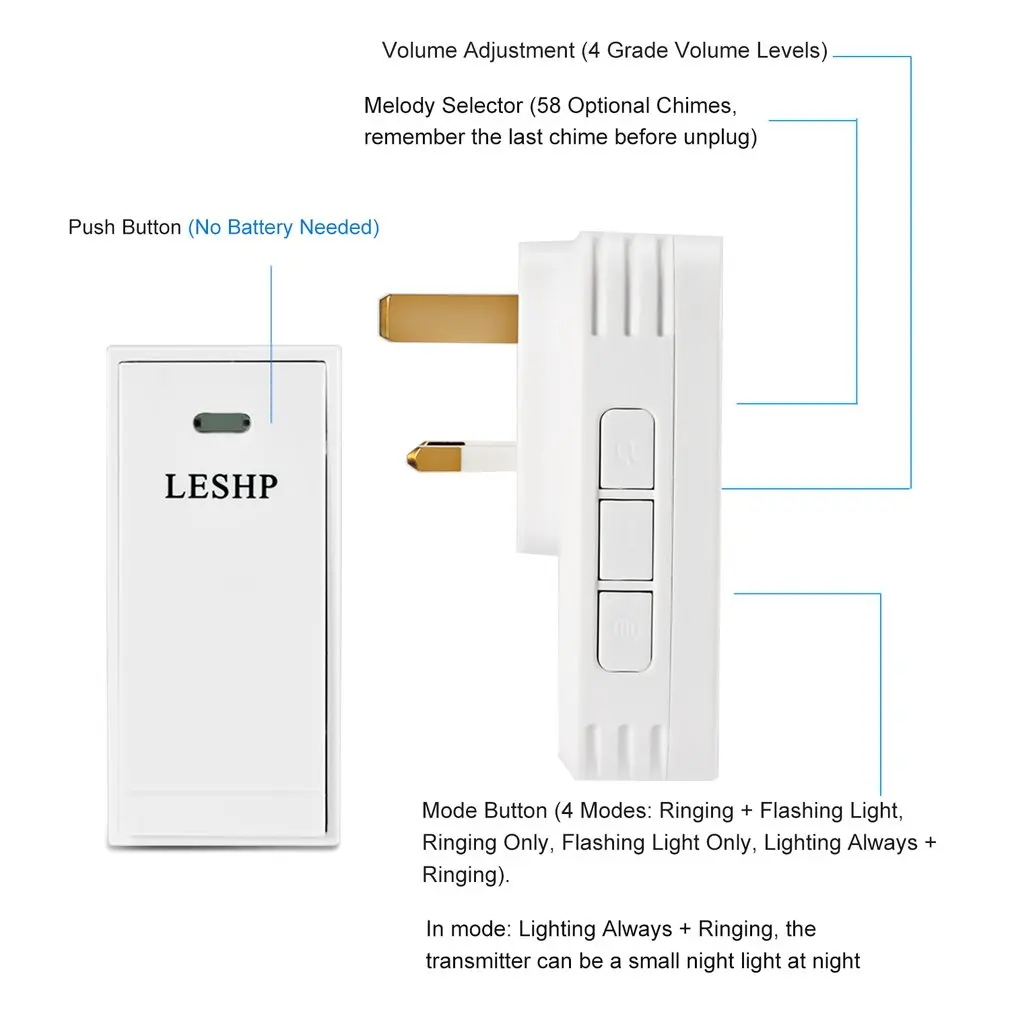 1 шт. LESHP простой в установке беспроводной музыкальный дверной звонок 150 м дальний пульт дистанционного управления ночной Светильник 58 частей аккорд музыки