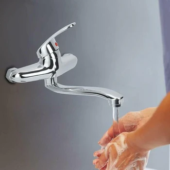 

Wall Mounted Faucet Hot Cold Water Mixer Tap Chrome plated Adjustable Sink