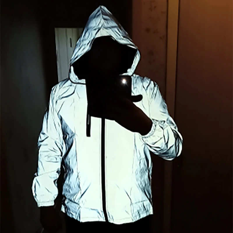 Drfoytg Reflective Jacket Men/Women Casual Hiphop Windbreaker Jackets Hoodie 