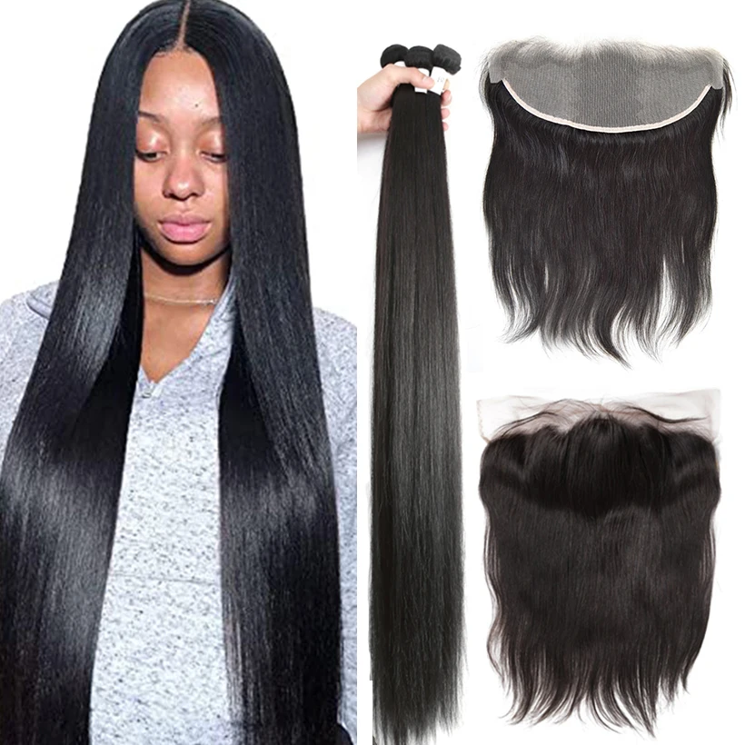 

13x4 Lace Frontal With Bundles 28 30Inch Bone Straight Human Hair Bundles With Frontal Ear To Ear Lace Front Brazilian Remy Hair