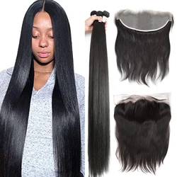 13x4 Lace Frontal Closure With Bundles 32 34 38 40 Inch Straight Human Hair Bundles With Frontal Ear To Ear Brazilian Remy Hair