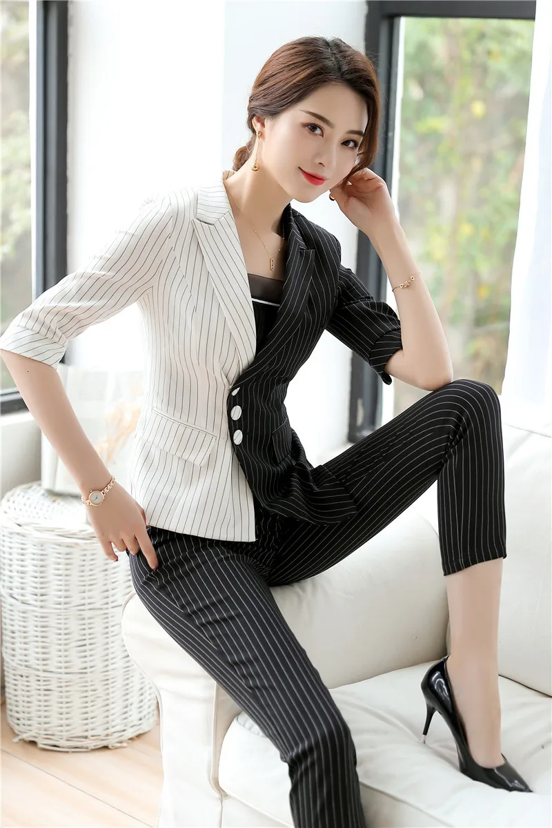 Модный темперамент полосатая накидка с коротким рукавом деловой костюм Professional OL корейские стили Self-изысканный костюм 2019 весна лето