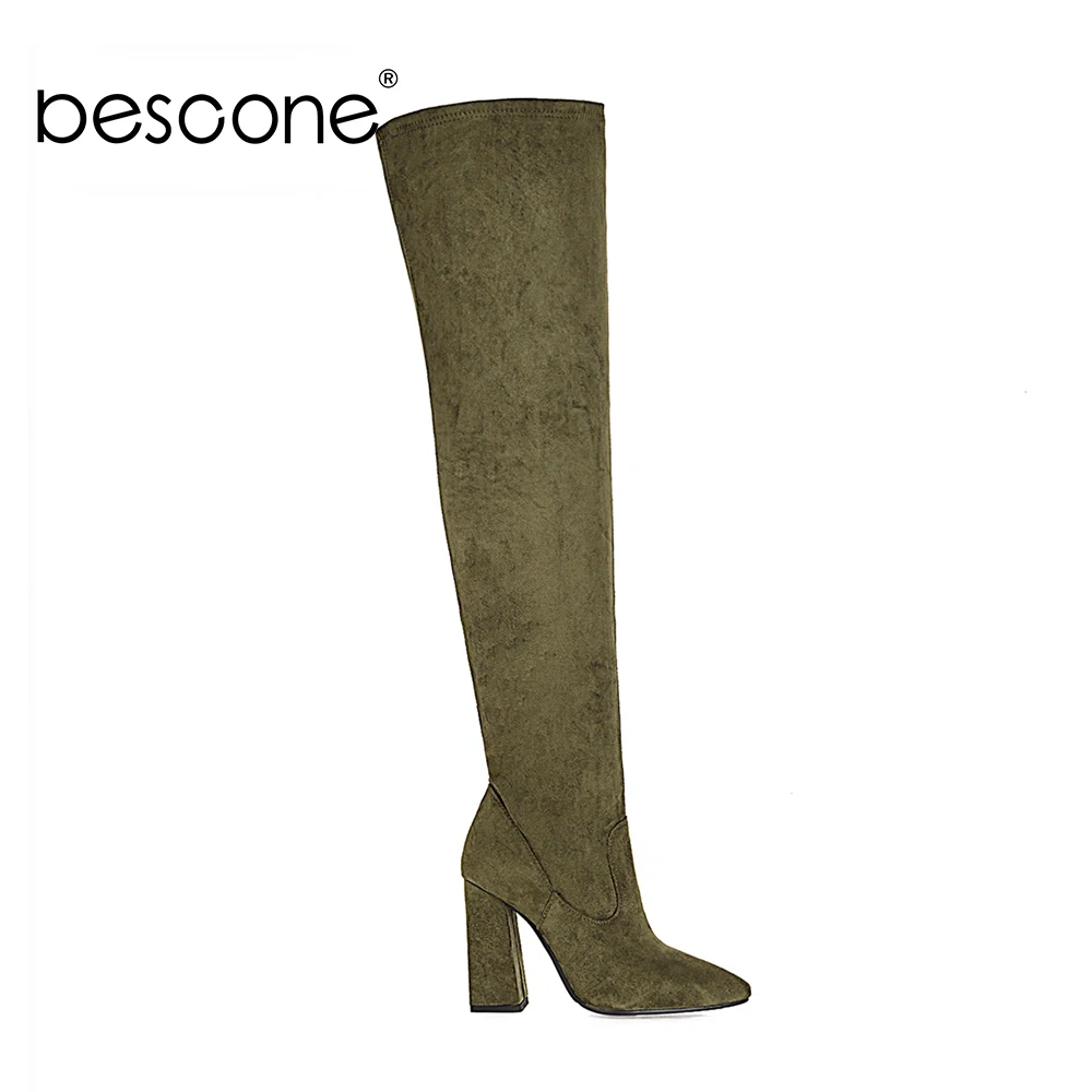 

Bescone Sexy Over-the-knee Tight Boots Woman Leopard Pattern Leather Pointed Toe Super High Square Heel Shoes BM623