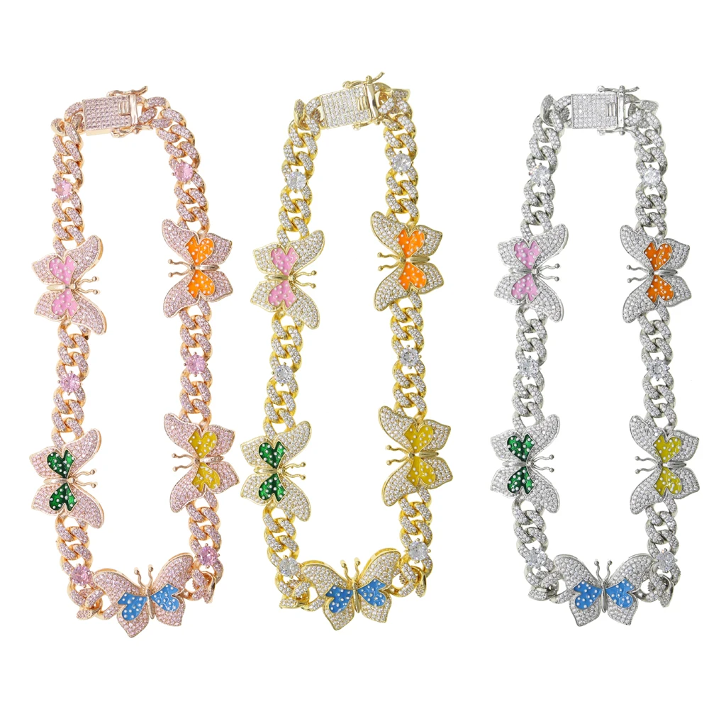 Iced out эмаль нескольких цветов CZ Бабочка ожерелье 12 мм Out Bling Miami кубинская цепочка