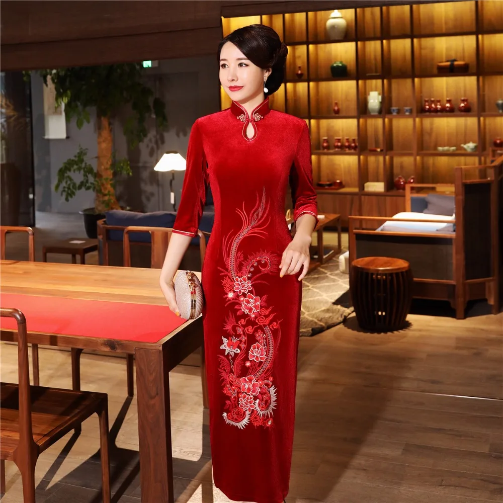 Шанхай история бархат Cheongsam китайское платье вышивка Qipao длинное