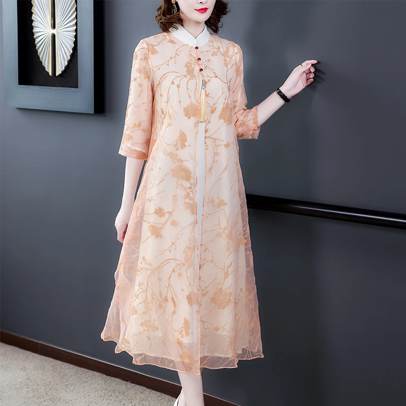 Платье в китайском стиле для женщин длинное летнее платье с длинным рукавом