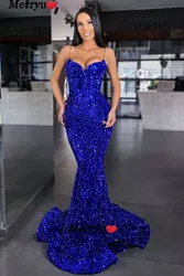 Spaghetti Straps Sweeteart  Mermaid  Royal Blue Prom Dress Backless  Sequins Velvet Long Stretchy Evening Party Gown
