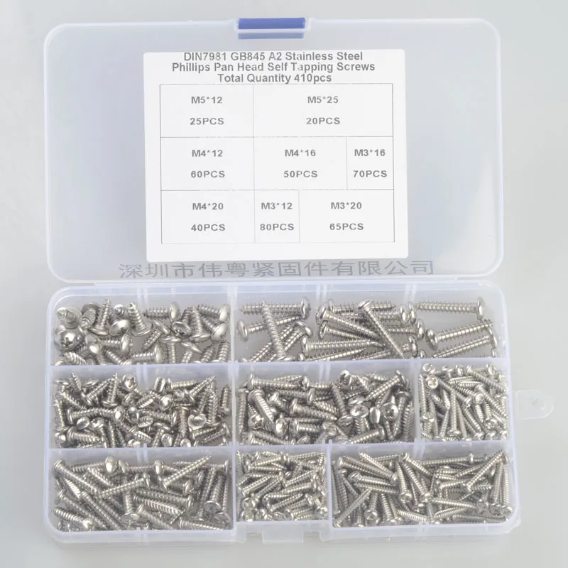 Free shipping 410 pcs 304 stainless steel m3 /4/5 cross countersunk flat head self tapping screw sets