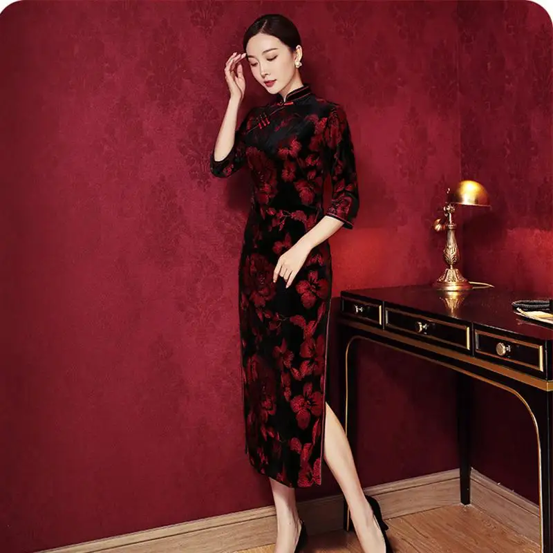 Длинное женское вечернее платье Qipao с высоким разрезом, велюровое винтажное платье на пуговицах, воротник-стойка, черный цвет, 3/4 рукав, принт, Чонсам с цветами - Цвет: Black 1