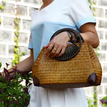 

Ladies Fashion Handbag Straw Bag Retro Beach Bamboo Woven Bag Large Capacity Women Handbag