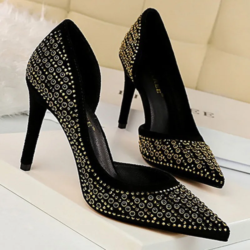

Suede Sequins High Heel Stiletto Shoes Women Fashion Ladies Dinner Casual Black Vintage Party Rivet Heels Wedding Shoes Elegant