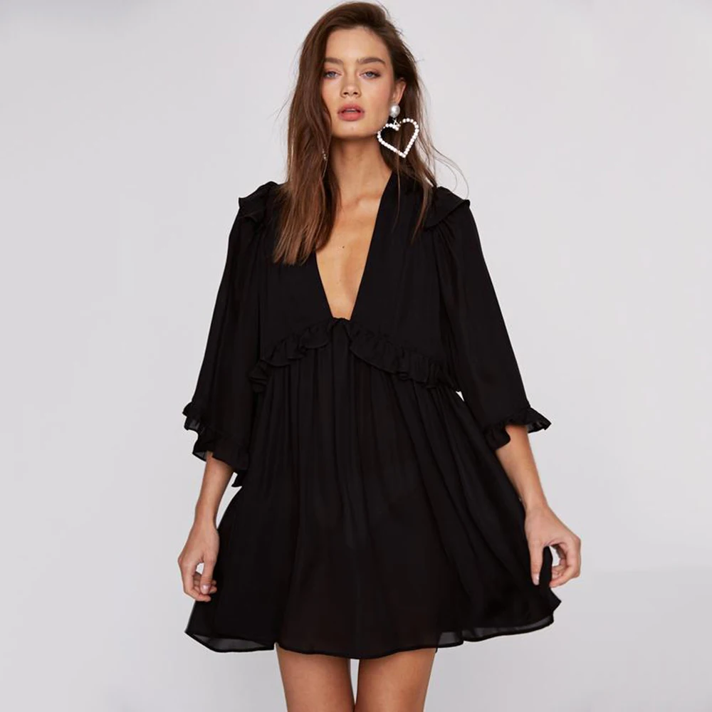 Ladies Dress Ruffled Solid Party Short Cocktail Beach Loose Boho V Neck Summer