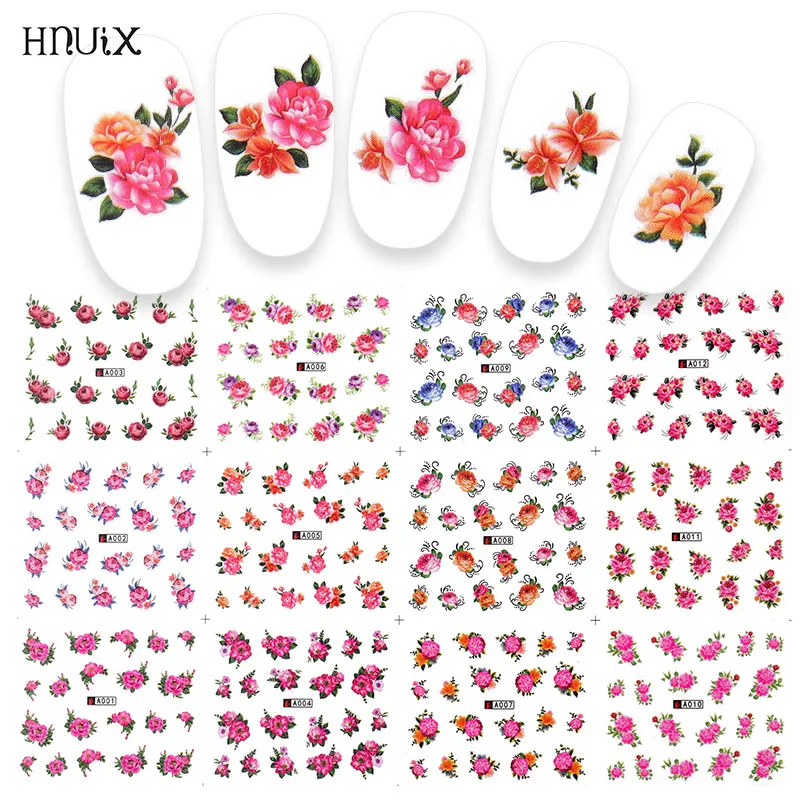 

HNUIX 12 pieces water nail decals decal rose flowers leaf transfer Nail Art decorations slider manicure watermark leaf tips