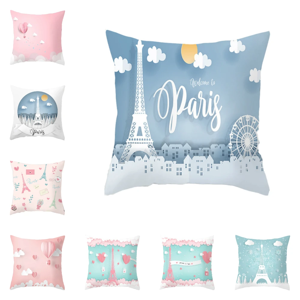 

Lychee DIY Valentine's Day Romantic Paris Tower Printed Cushion Case Peachskin 45x45cm Cushion Cover For Bedroom Home Office