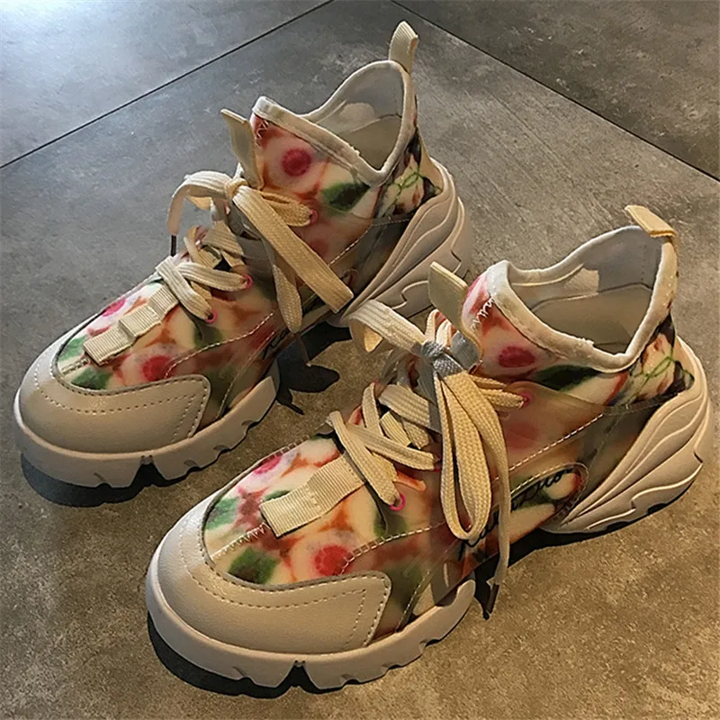 

Flower Sneakers Mesh Air PVC Flats Breathable Round Toe Shoes Lace Up Platform Runway Shoes Thick Bottom Sports Sneakers 2019