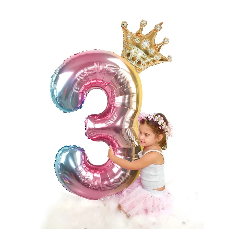 2 Stück 32 Zoll Regenbogen-Zahlen-Folienballons mit Krone für Kinder, Jungen, Mädchen, 1. Geburtstag, Party-Dekorationen, Roségold-Figuren, Globos – Detail 1