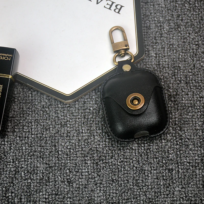 Роскошный CowhideLeather чехол для Apple AirPods кожаный чехол с кнопками кожаный защитный чехол для AirPods 2 анти-потеря - Color: Black