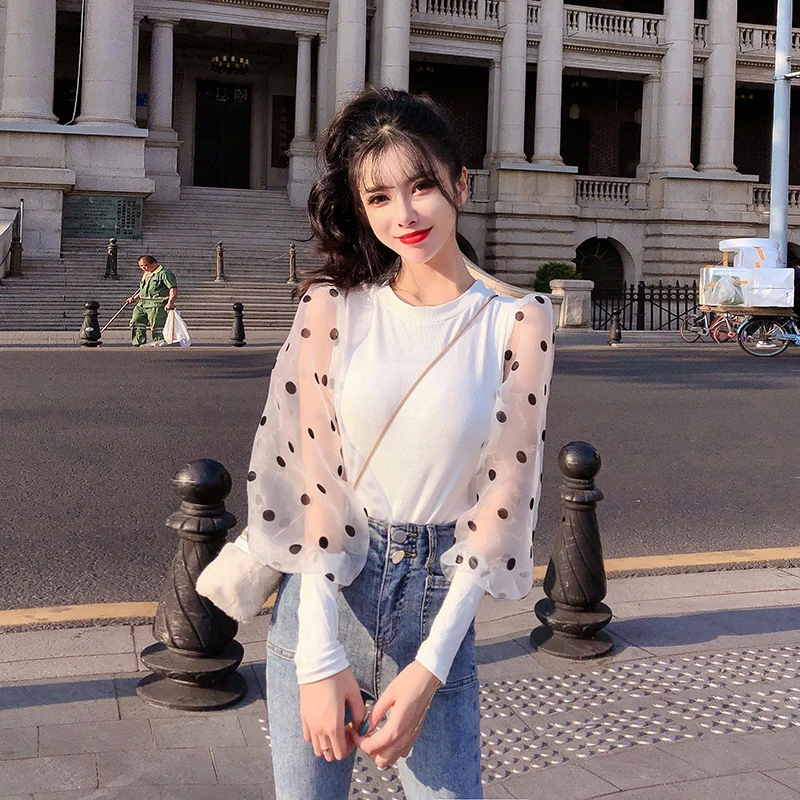 WENYIN tshirt Spring Fashion Polka dot Mesh Lantern Sleeve Patchwork Slim t shirt Women T-shirt Tops Long Sleeve Tees