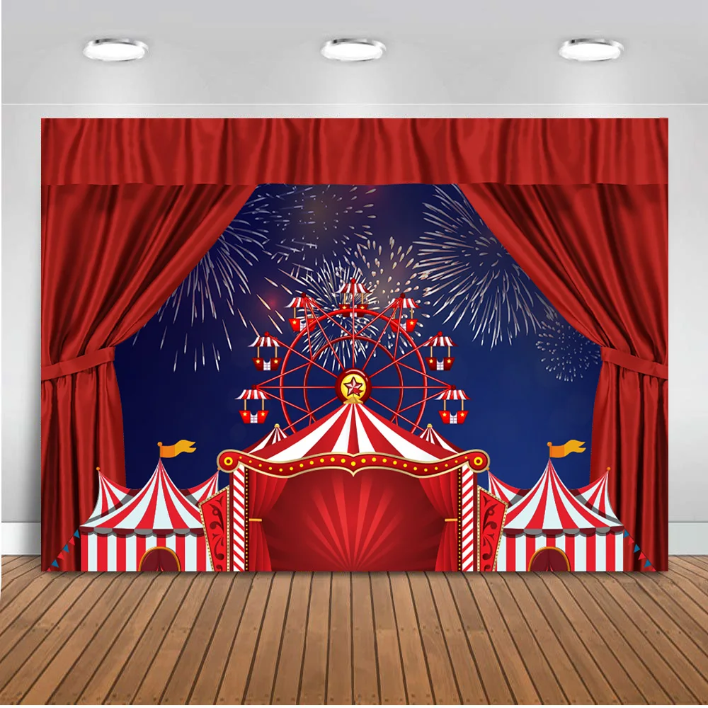 

Circus Backdrop for Photo Studio Ferris Wheel Birthday Party Background Blue Night Stripes Stars Circus Party Backdrops for Kids