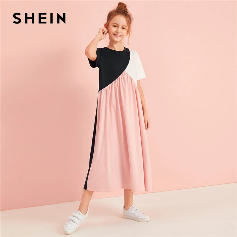SHEIN/Детская Повседневная футболка разных цветов с вырезами и вышивкой; детская одежда; коллекция года; сезон осень; детские длинные платья с короткими рукавами и цветными блоками