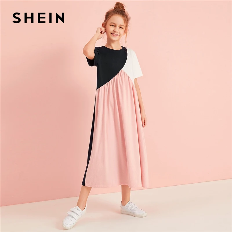 Najtaniej SHEIN Kiddie Multicolor Cut And Sew koszulka casual Dress Kids Clothes 2019 jesień z krótkim rękawem Colorblock długie sukienki dla dzieci