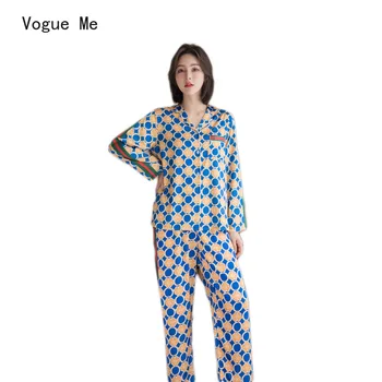 

Autumn Underwear New Ice Silk Pajamas Long Sleeve Long Pants Fashion Pajamas Set Homewear Sleepwear Nightdress Suit