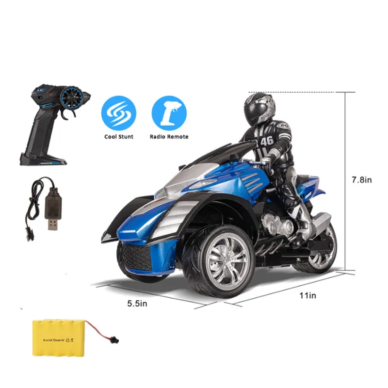 Wireless Radio Control Electric Motorcycle 1:10 Remote Control Vehicle Self Balanced Stunt 3 Wheels Car Outdoor Toys Child Gifts 6