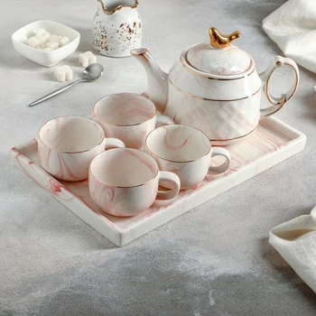 

Tea set "Marble", 5 items: teapot 800 ml, 4 mugs 170 ml, stand 31 × 21 cm, pink