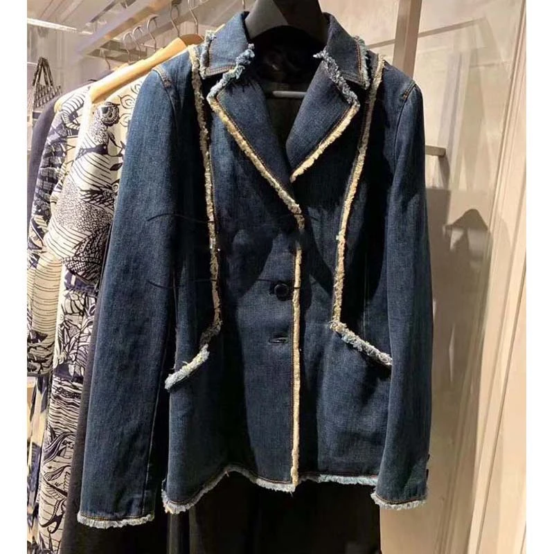 

Cosmicchic 2020 Women Denim Jacket Fashion Runway Design Solid Color Spliced Tassel Lapel Single-breasted Denim Casual Blazer