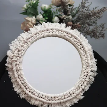 

Home Bedroom Simple Beige Round Macrame Mirror Decor Handmade Bohemian Woven Cotton Wall Hanging Make Up Mirror