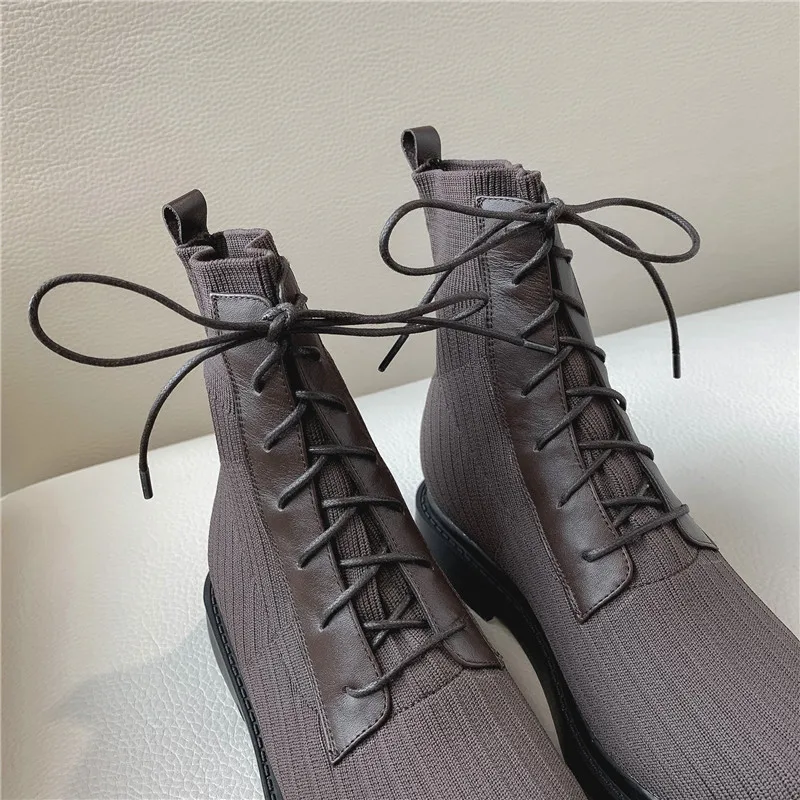 MORAZORA/Новинка года; сезон осень-зима; ботильоны для женщин на шнуровке с круглым носком; вязаные мотоботы; женская повседневная обувь