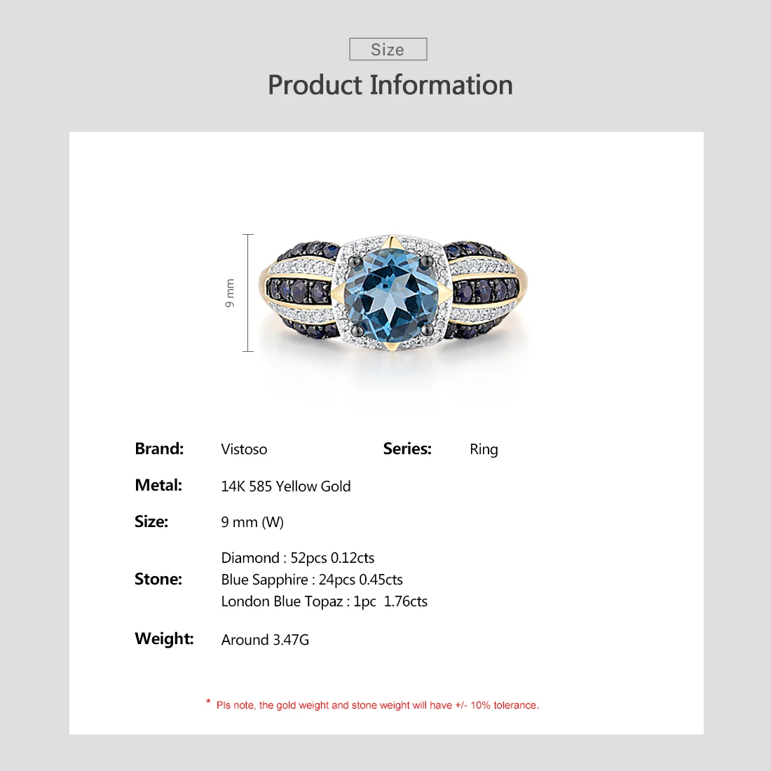 VISTOSO Gold Ring For Woman Genuine 14K 585 Yellow Gold Sparkling Natural London Blue Topaz Sapphire Diamond Trendy Fine Jewelry 4