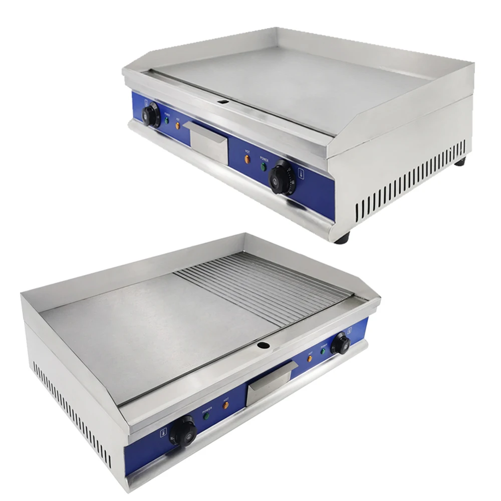 

2 Types Commercial Electric Griddle Countertop Large Hotplate Contact BBQ Grill Adjustable Thermostatic Control Stainless Steel