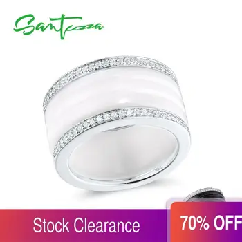 

SANTUZZA Silver Rings For Women Pure 925 Sterling Silver Round White Black Ceramic Cubic Zirconia simple anillos Fine Jewelry