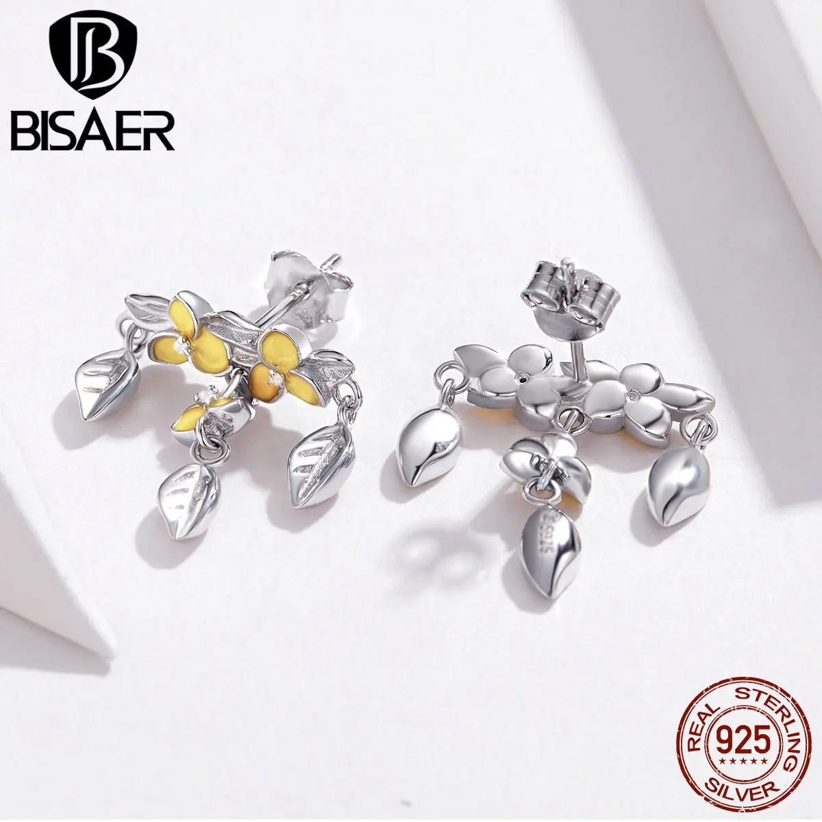 BISAER, эмалированные ослепительные серьги-гвоздики, 925 пробы, серебро, CZ, серьги для женщин, элегантные листья, ювелирные изделия, подарки для девушек, HVE062