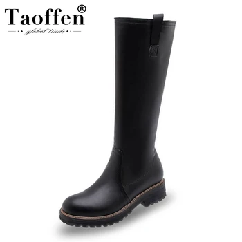 

Taoffen Classic Women Motorcycle Boots Side Zipper Round Toe Flats Knee High Boots Black Long Boots Women Shoes Size 34-43