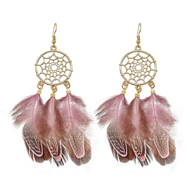 Fancy Hollow Dream Catcher Leaf Feather Shiny Crystals Drop Dangle Earrings For Women Party Jewelry Korean Hanging CZ Earrings Pink