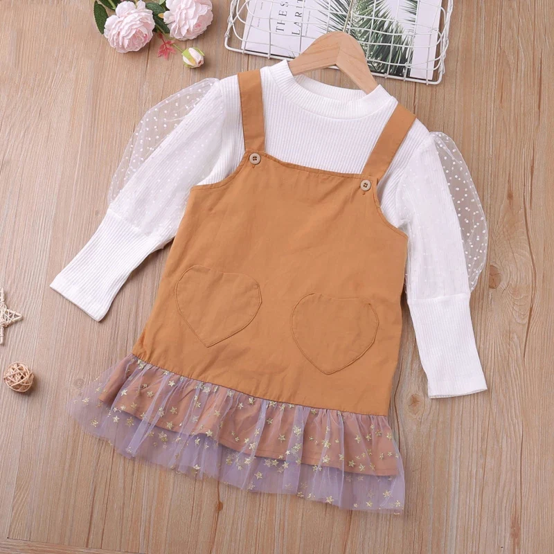

Spring Casual Suit Girl Sets White Puff Sleeve Top+Strap Skirt 2Pcs Kid Clothes Girl Children Dress