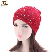 Новые зимние теплые вязаные шапки перламутровый вышитый бисером вязаный бини для женщин Лыжная шапка для девочек вязаная шапка s