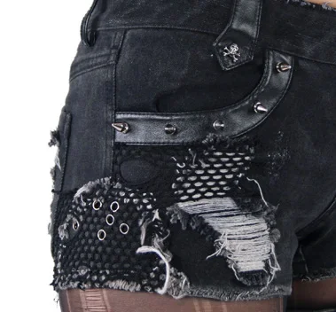 PUNK RAVE Women's Black Elastic Wash Water Denim Shorts Personality Handsome Punk Rock Short Pants