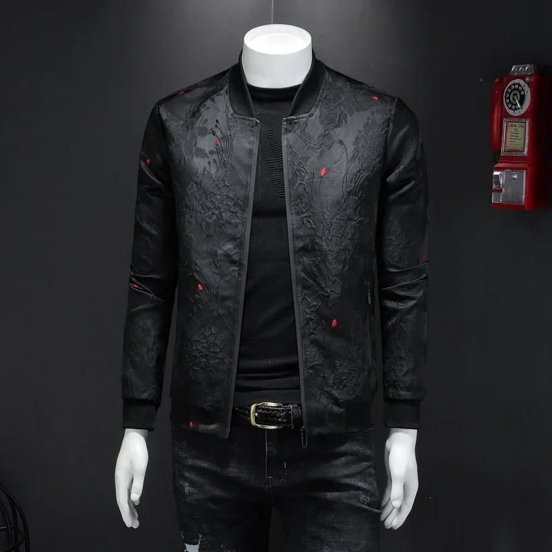 

2019 Puff Jacquard Black Bomber Jacket Men Spring Autumn Men Casual Jacket Coat Flower Slim Fit Pattern Bomber Jacket Men