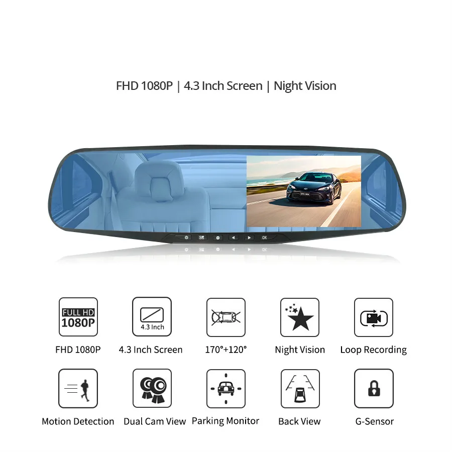 Автомобильный регистратор, Автомобильный видеорегистратор с двумя объективами, видеорегистратор 4,3 дюймов, Full HD, 1080 P, автомобильная камера, регистратор заднего вида, Белое Зеркало, авто Регистратор