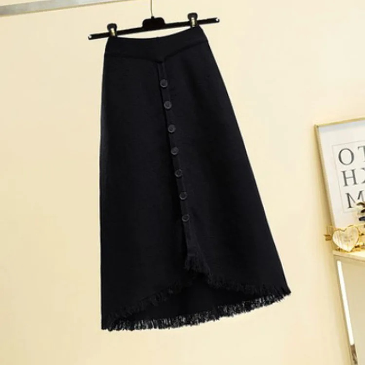 

Black Skirt 2020 Autumn and Winter New Mid-length Knitted Fringe A-line Skirt Irregular Skirt